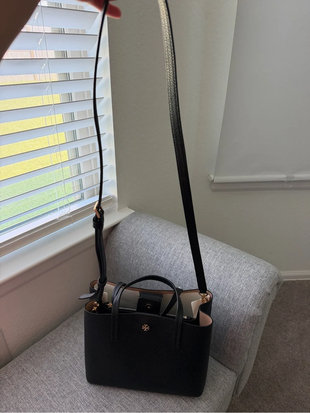 Tory Burch Black Pebbled Leather Tote with Gold Accents